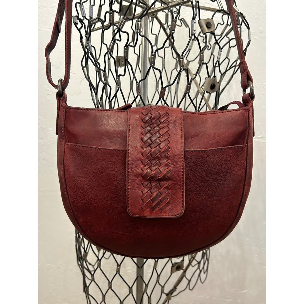 Vilenca Holland Burgundy Leather Woven Flap Crossbody Saddle Bag Woven Detail